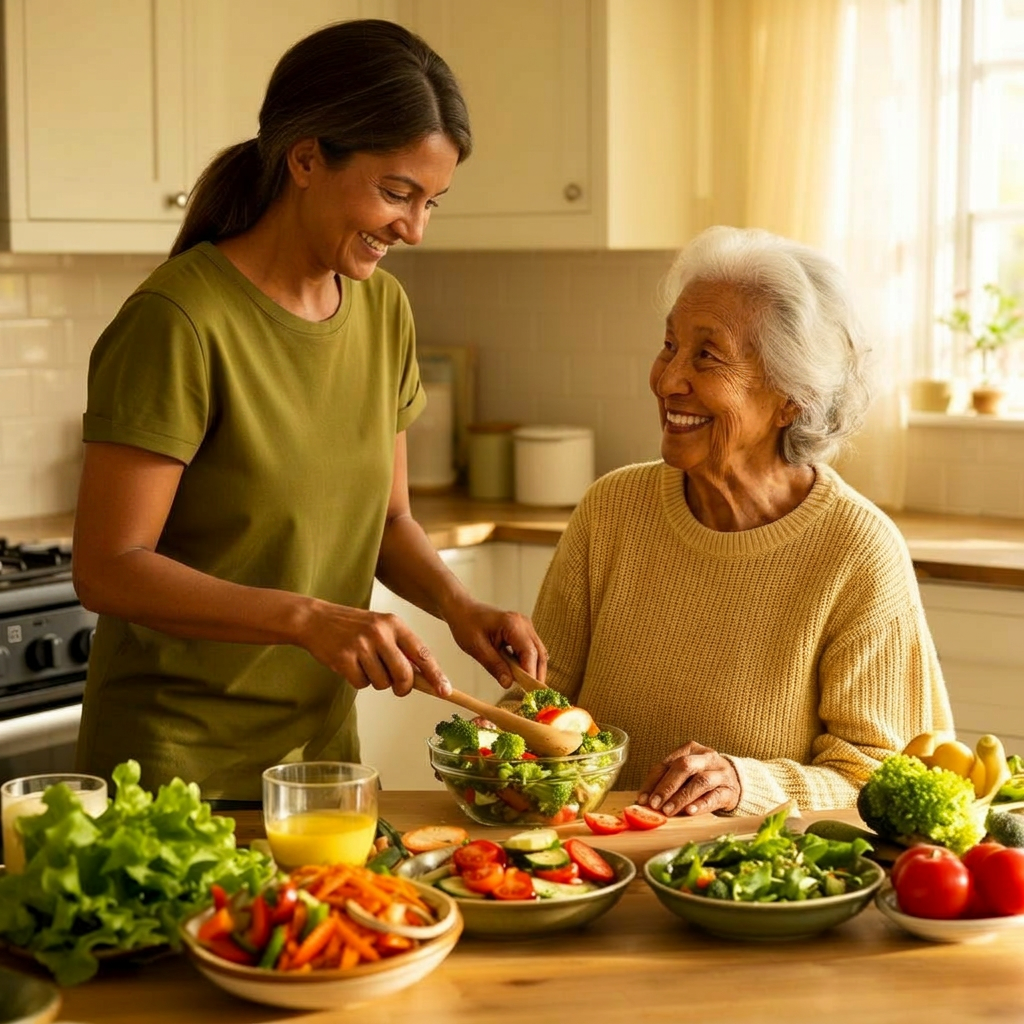 Caregiver preparing a healthy meal with a senior client