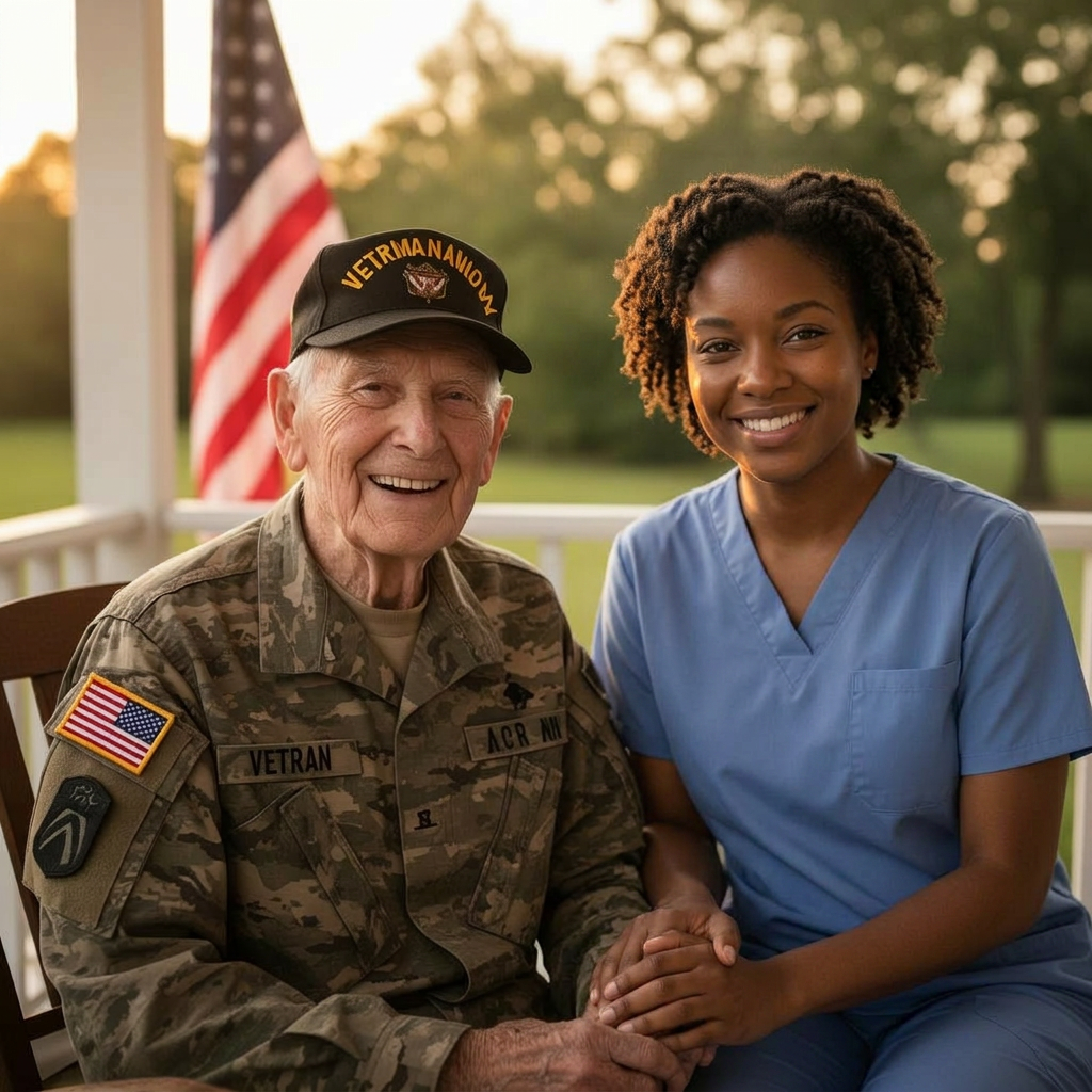 Veteran sitting with a caregiver companion